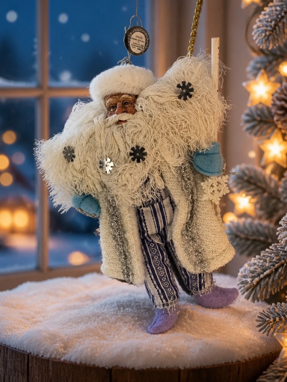 Winter Santa Claus Christmas Ornament Shelf Sitter White Beard Blue Mittens